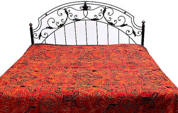 Ruby-Red Gujarati Bedspread with All-Over Thread Work