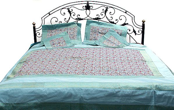 Turquoise and Beige Bedcover with All-Over Brocade Weave