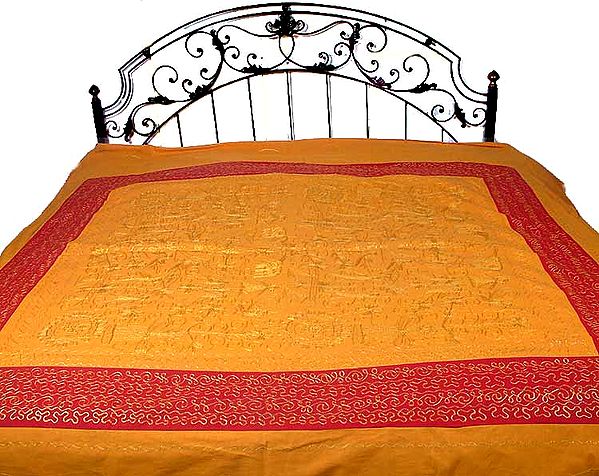 Amber and Red Gujarati Bedspread with Embroidery