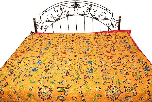 Amber Gujarati Bedspread with All-Over Thread Work
