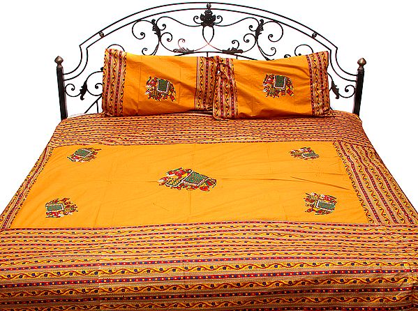 Amber Gujarati Bedspread with Multi-Color Embroidered Elephants in Patch Work