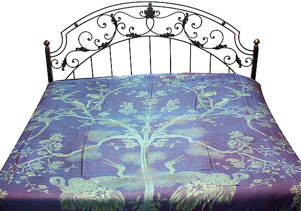 Amparo-Blue Pure Silk Reversible Bedcover with Woven Tree of Life