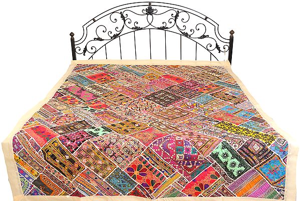 Antiquated Sindhi Bedcover From Kutch with Embroidered Flowers and Mirrors