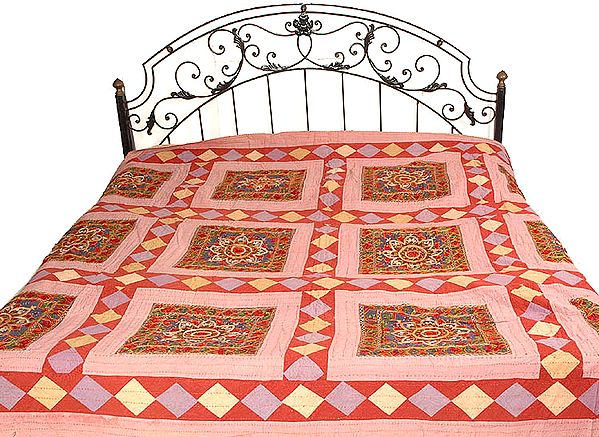 Antiquated Stone-Washed Patchwork Bedspread with Mirrors and Embroidery