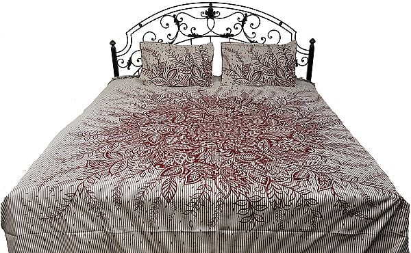 Antique-White Bedspread from Pilkhuwa with Printed Leaves