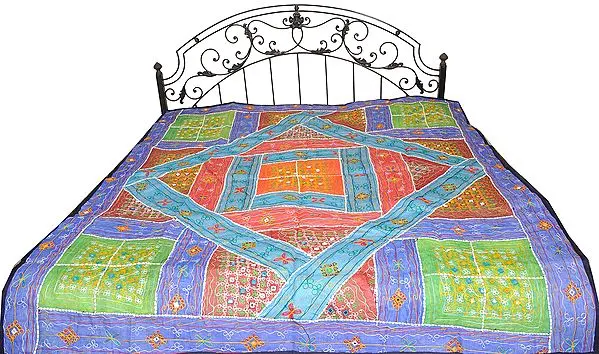 Multicolor Bedspread from Kutch with Patchwork and Embroidered Mirrors