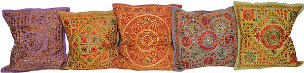 Lot of Five Floral Embroiderd Cushion Covers from Kutch with Mirrors