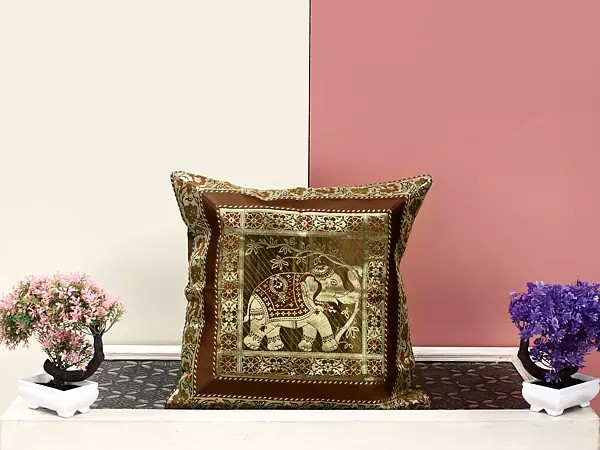 Banarasi Cushion Cover with Brocaded Elephant