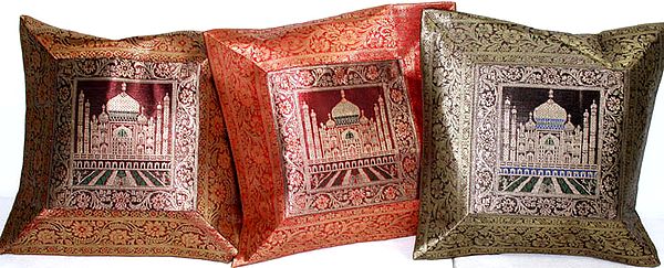 Lot of Three Banarasi Taj Mahal Cushion Covers
