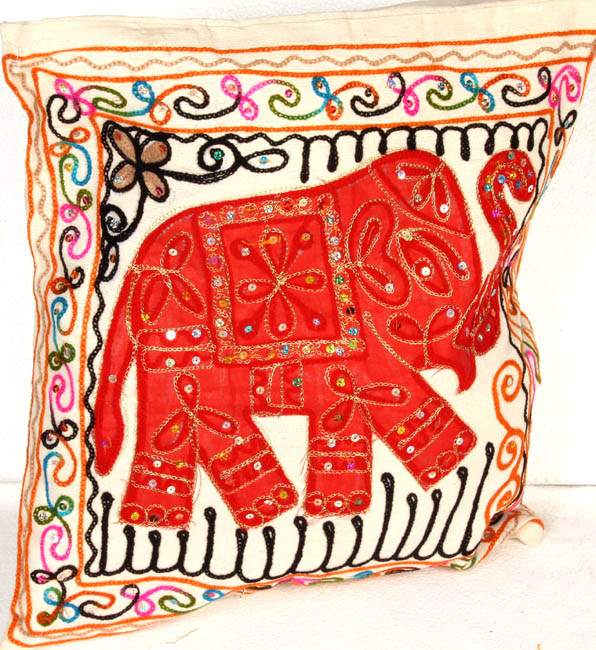 Ivory Cushion Cover with Appliqué Elephant and Embroidery