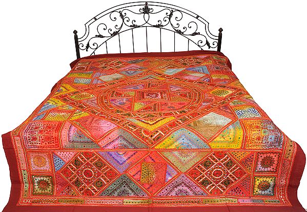 Multicolor Mandala Bedcover from Kutch with Embroidered Patches and Mirrors