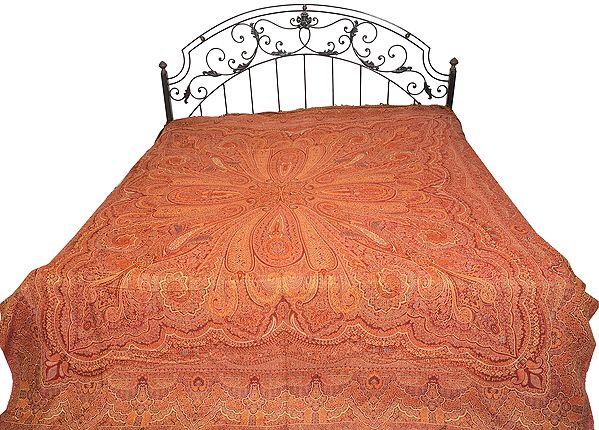Maroon Reversible Jamawar Bedspread from Amritsar with Antique Akbari Design