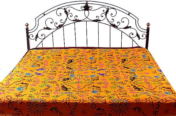 Orange Gujarati Bedspread with All-Over Embroidered Elephants and Parrots