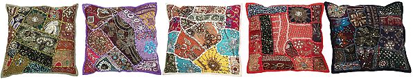 Lot of Five Cushion Covers from Kutch with Embellished Crystals and Sequins