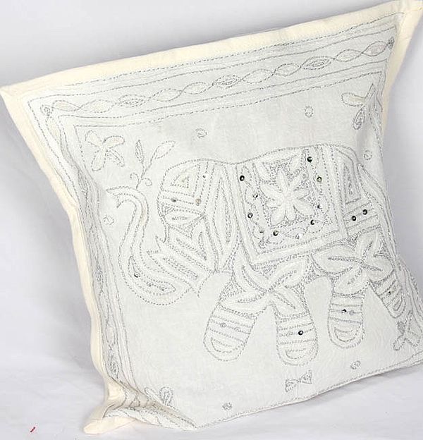 Cushion Cover from Jaipur with Elephant Embroidered in Metallic Thread