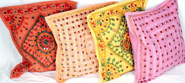 Lot of Four Cushion Covers from Kutch with All-Over Embroidery and Mirrors