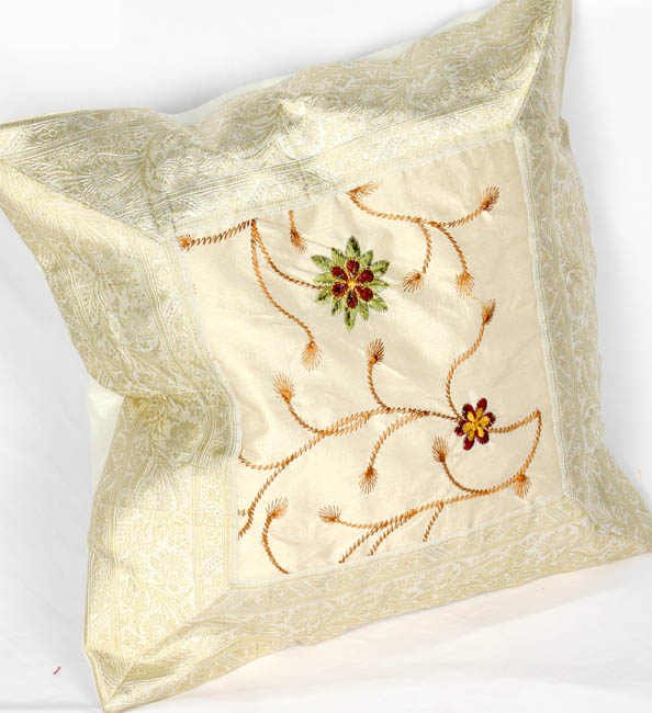 Ivory Cushion Cover with Floral Embroidery and Brocade Border