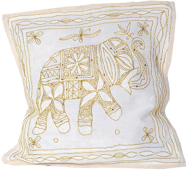 Ivory Cushion Cover with Elephant Embroidered in Golden Thread