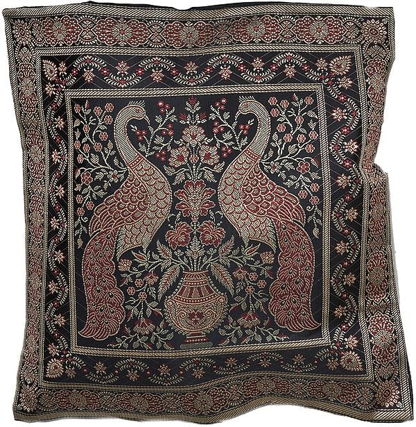 Black Banarasi Brocaded Cushion Cover with Woven Peacocks