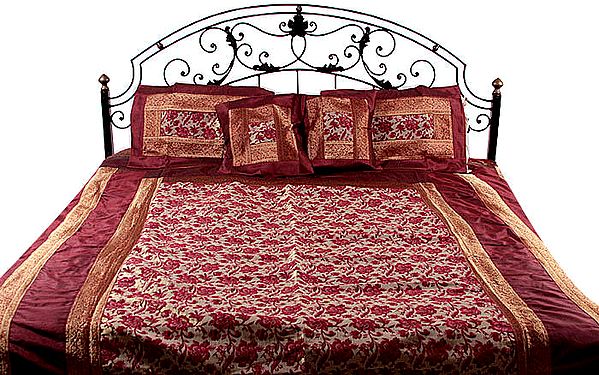 Cerise and Golden Bedcover with All-Over Brocade Weave