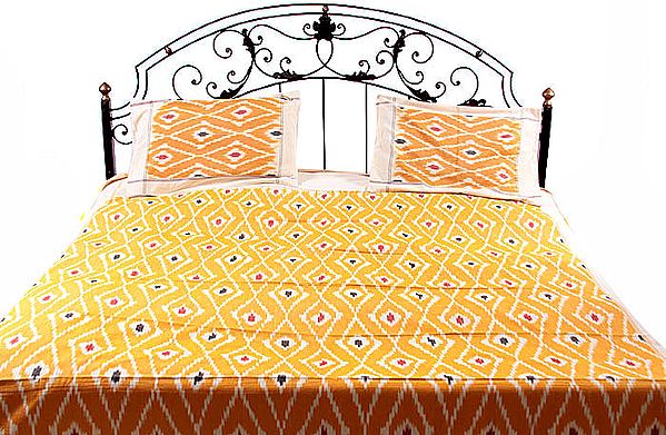 Golden-Nugget Bedspread with Ikat Weave Hand-Woven in Pochampally