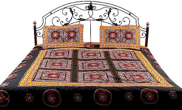 Black Gujarati Bedspread with Hand-Embroidery All-Over