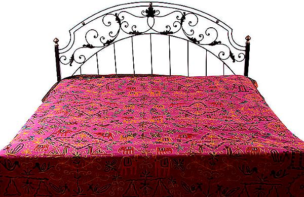 Fuchsia-Rose Gujarati Bedspread with All-Over Embroidered Elephants and Parrots