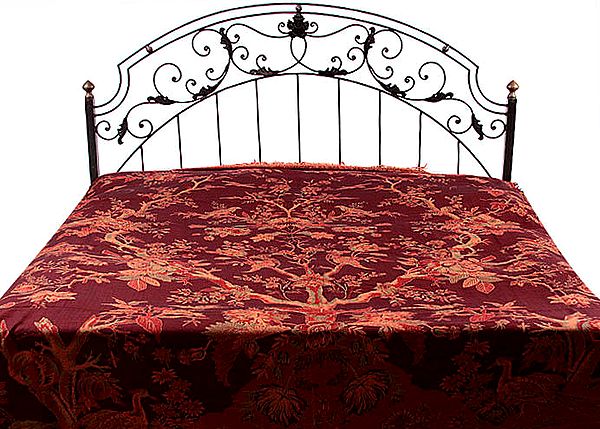 Oxblood-Red Reversible Jamawar Bedspread with Woven Tree of Life