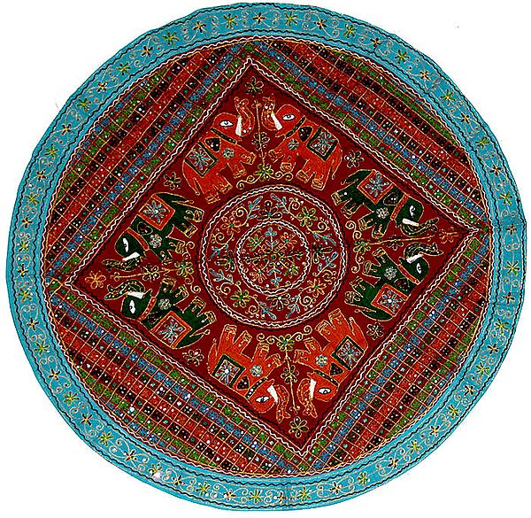 Tibetan-Red Round Table Cover from Barmer with Embroidery and Mirrors