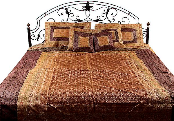Mustard and Cordovan Seven-Piece Banarasi Bedcover with Brocade Weave