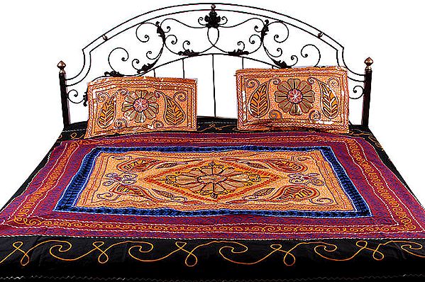 Orange Gujarati Bedspread with All-Over Embroidery and Sequins