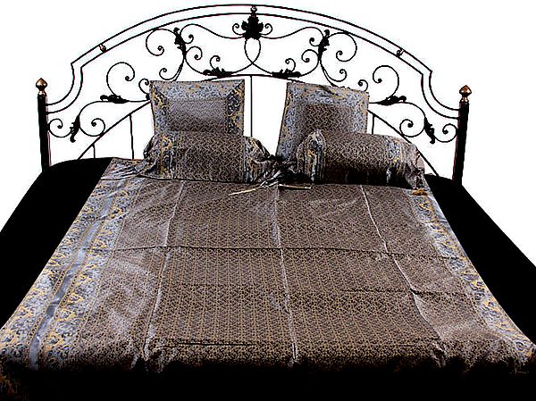 Gray Five-Piece Single-Bed Banarasi Bedcover with Tanchoi Weave