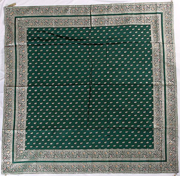 Green Meenakari Table Cover from Banaras with Woven Elephants