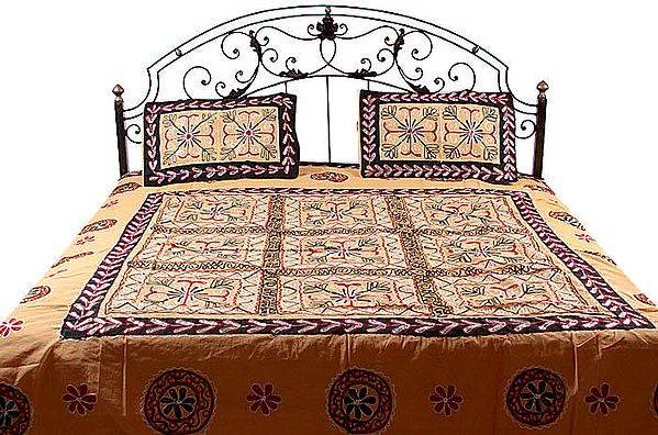 Fawn Gujarati Bedspread with Hand-Embroidery All-Over