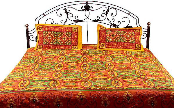 Tri-Color Bock-Printed Kantha Stitch Bedspread