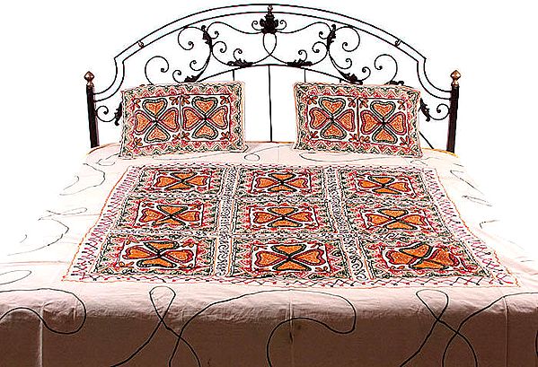Ivory Gujarati Bedspread with All-Over Embroidery