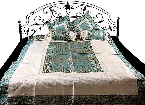 Turquoise and Ivory Five-Piece Single-Bed Banarasi Bedcover with Woven Elephants and Chakras