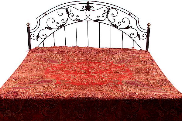 Red Reversible Jamawar Bedspread with Woven Paisleys