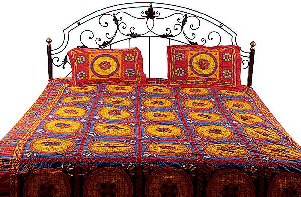 Yellow and Blue Kantha Stitch Bedspread with Hanging Bells