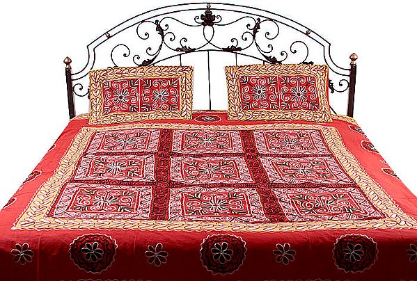 Red Gujarati Bedspread with Hand-Embroidery All-Over