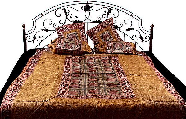 Mustard Five-Piece Single-Bed Banarasi Bedcover with Woven Peacocks