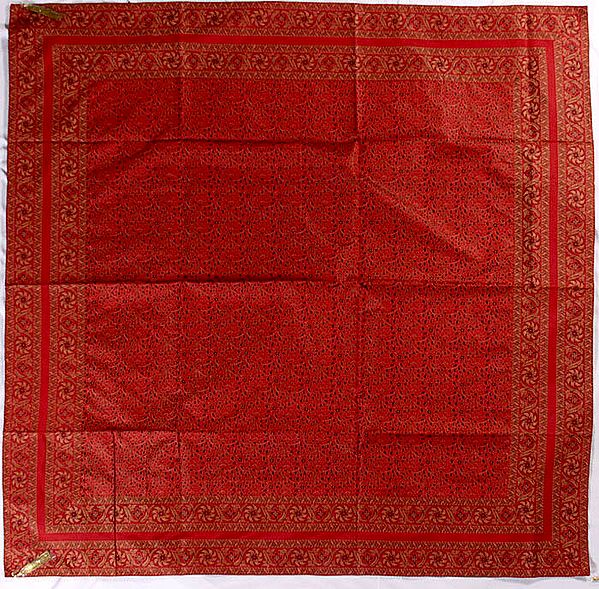 Red Table Cover from Banaras with Woven Leaves All-Over