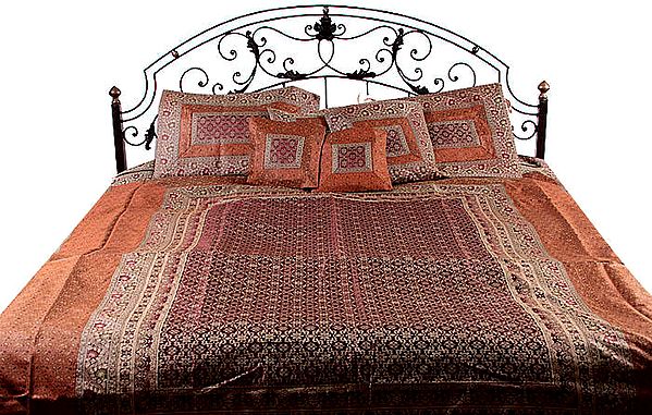 Cordovan and Rust Seven-Piece Banarasi Bedcover with Brocade Weave