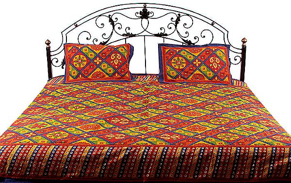Multi-Color Block Printed Kantha Stitch Bedspread from Sanganer