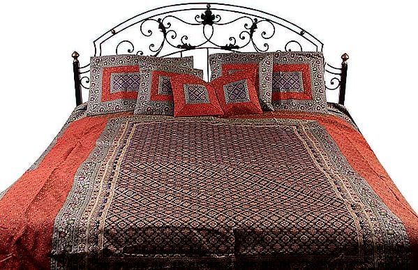 Aurora-Red and Classic Blue Seven-Piece Banarasi Bedcover with Brocade Weave