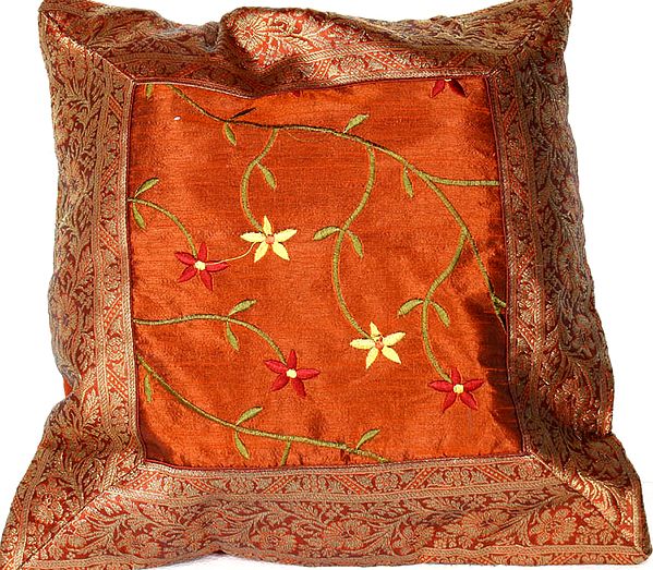 Auburn Brocaded Cushion Cover with Floral Embroidery