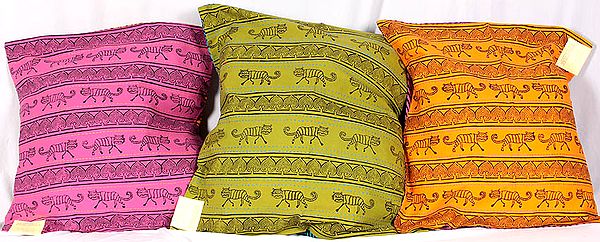 Lot of Three Cushion Covers from Ranthambore with Block-Printed Tigers