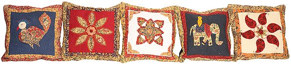 Lot of Five Patch-work Cushion Covers from Dehradun with Kantha Stitch Embroidery