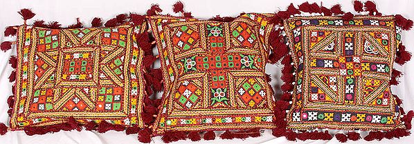 Lot of Three Cushion Covers from Kutch with Heavy-Embroidery and Mirrors