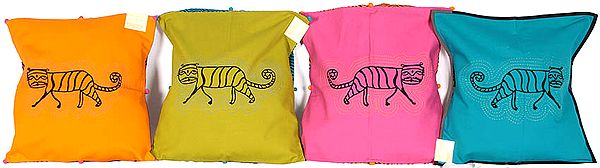 Lot of Four Kantha-embroidered Cushion Covers from Ranthambore with Block-Printed Tigers